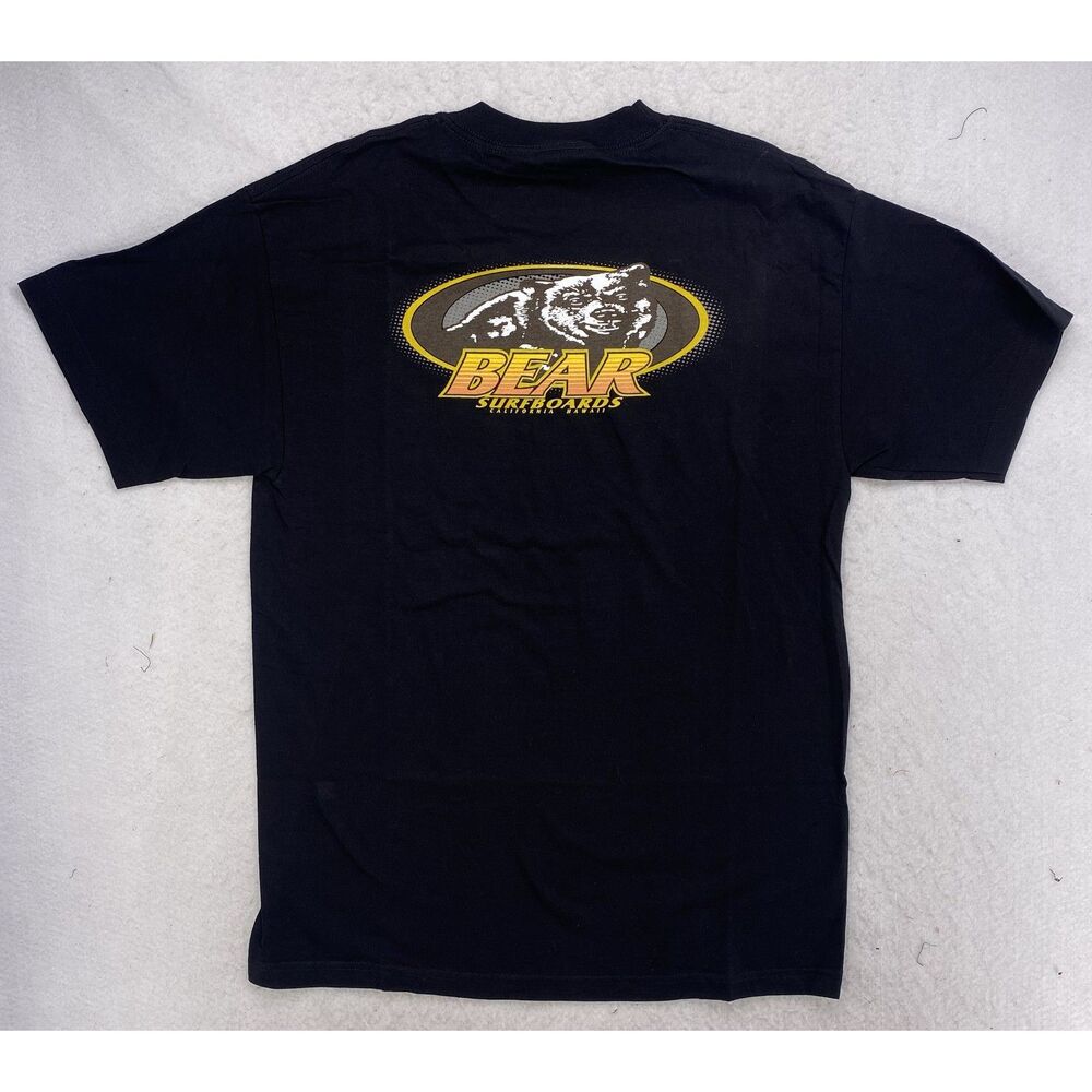 Vintage 90s Bear Surfboards Graphic T Shirt Mens Large Black Made in USA Surf